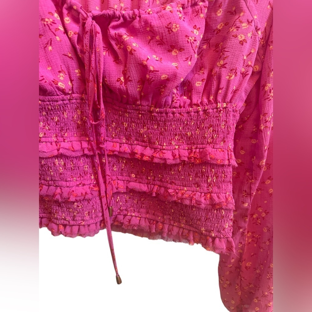 Free People Lolita‎ Smocked Floral Peasant Top Pink Sz XS - Picture 5 of 9